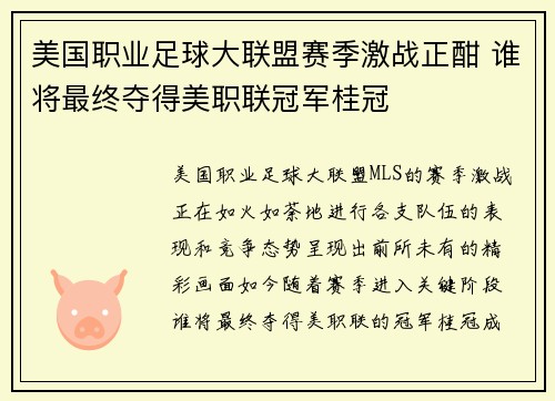 美国职业足球大联盟赛季激战正酣 谁将最终夺得美职联冠军桂冠
